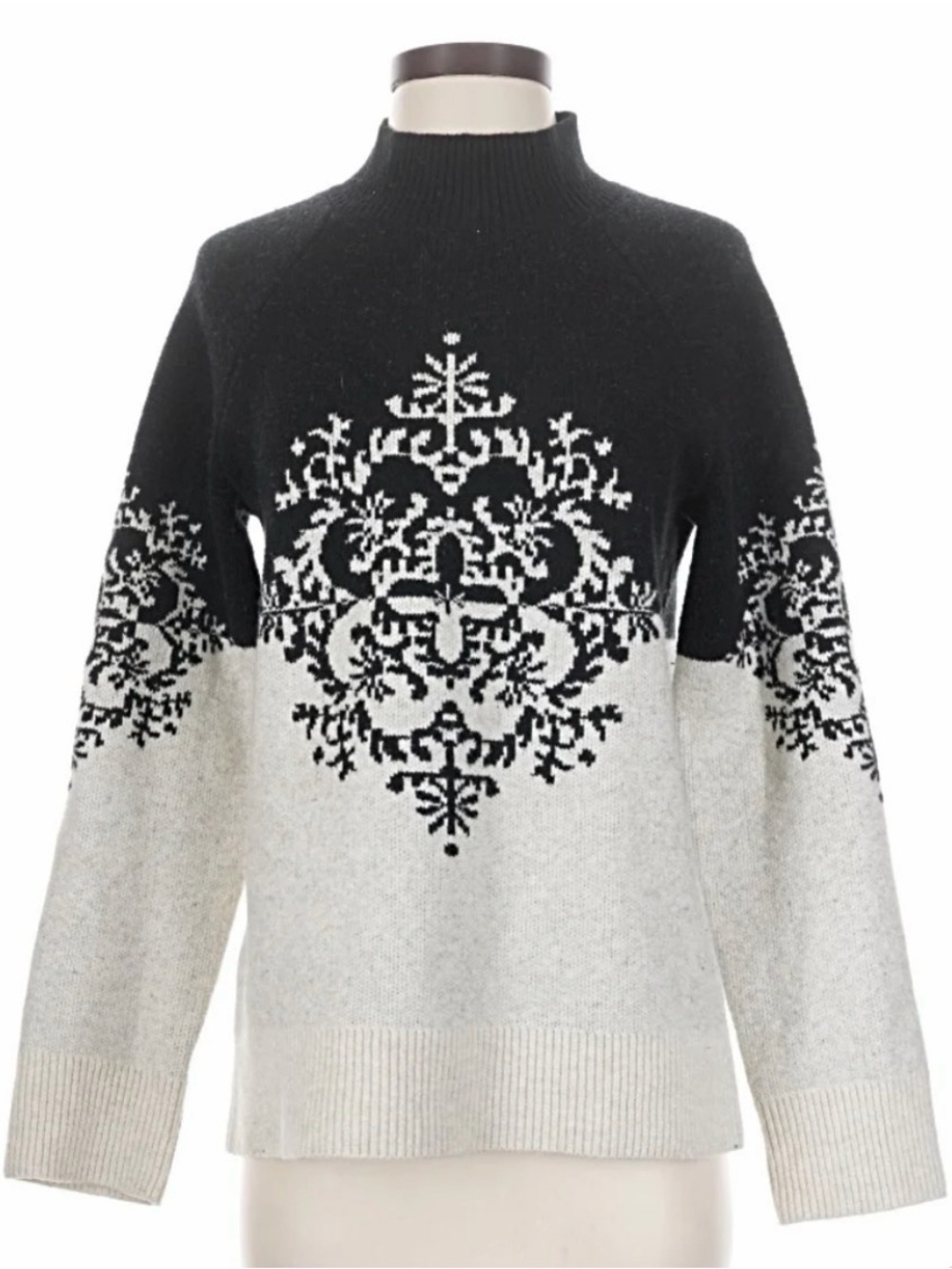 Loft - Black & Cream Snowflake-Pattern Mock Neck Sweater - size M